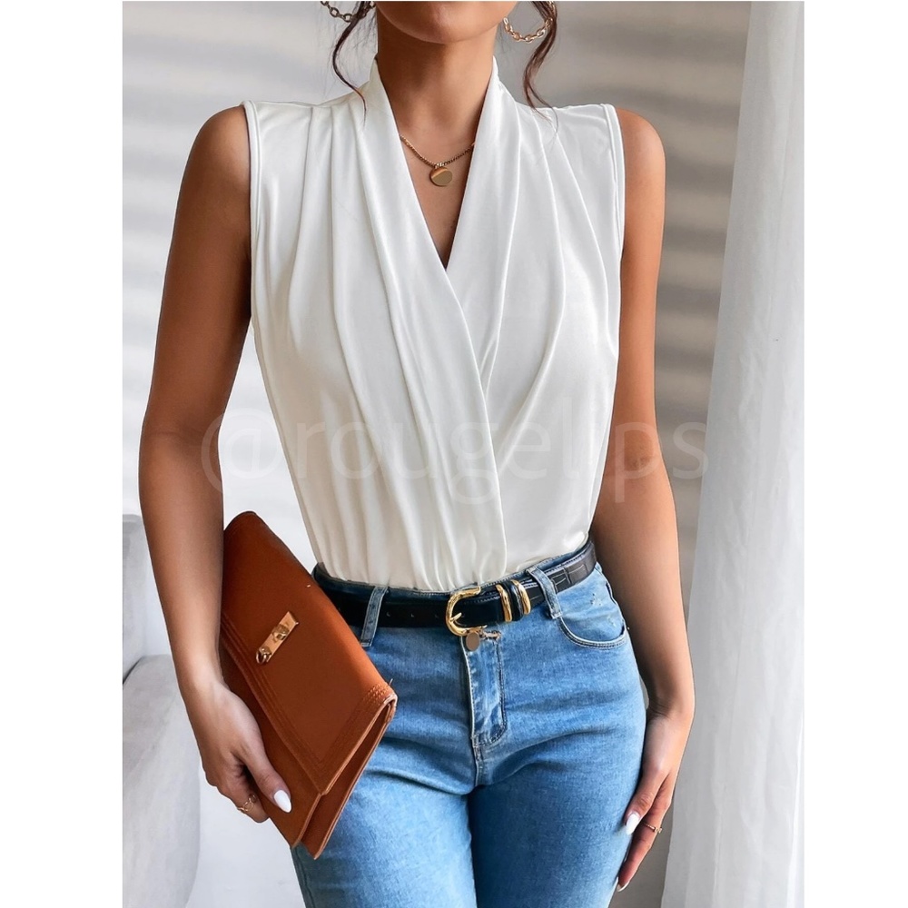 Draped Sleeveless Surplice V-Neck Blouse Top White Overlapping Front Snap Button - Picture 5 of 8